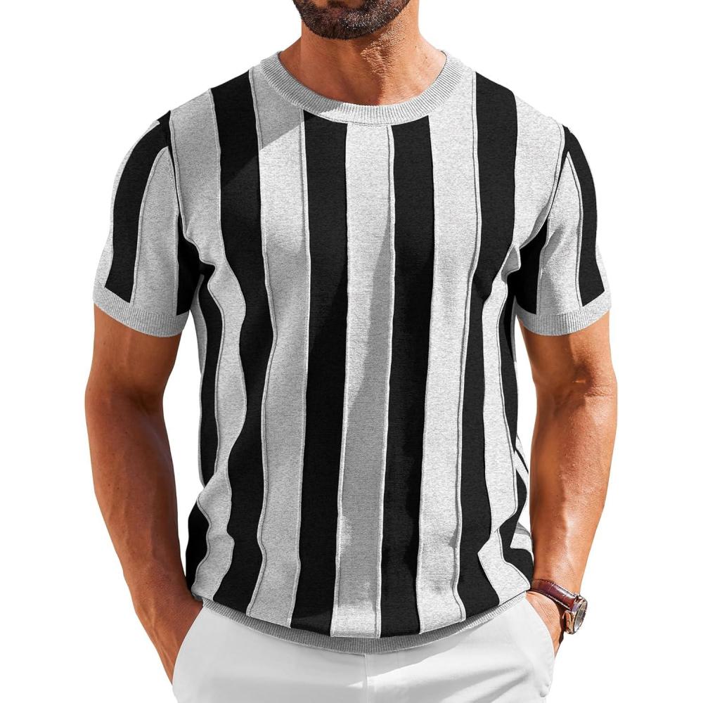 imageCOOFANDY Mens T Shirts Short Sleeve Knit Sweater Shirt Casual Crewneck Ribbed Pullover TeesLight Grey  Black Stripes