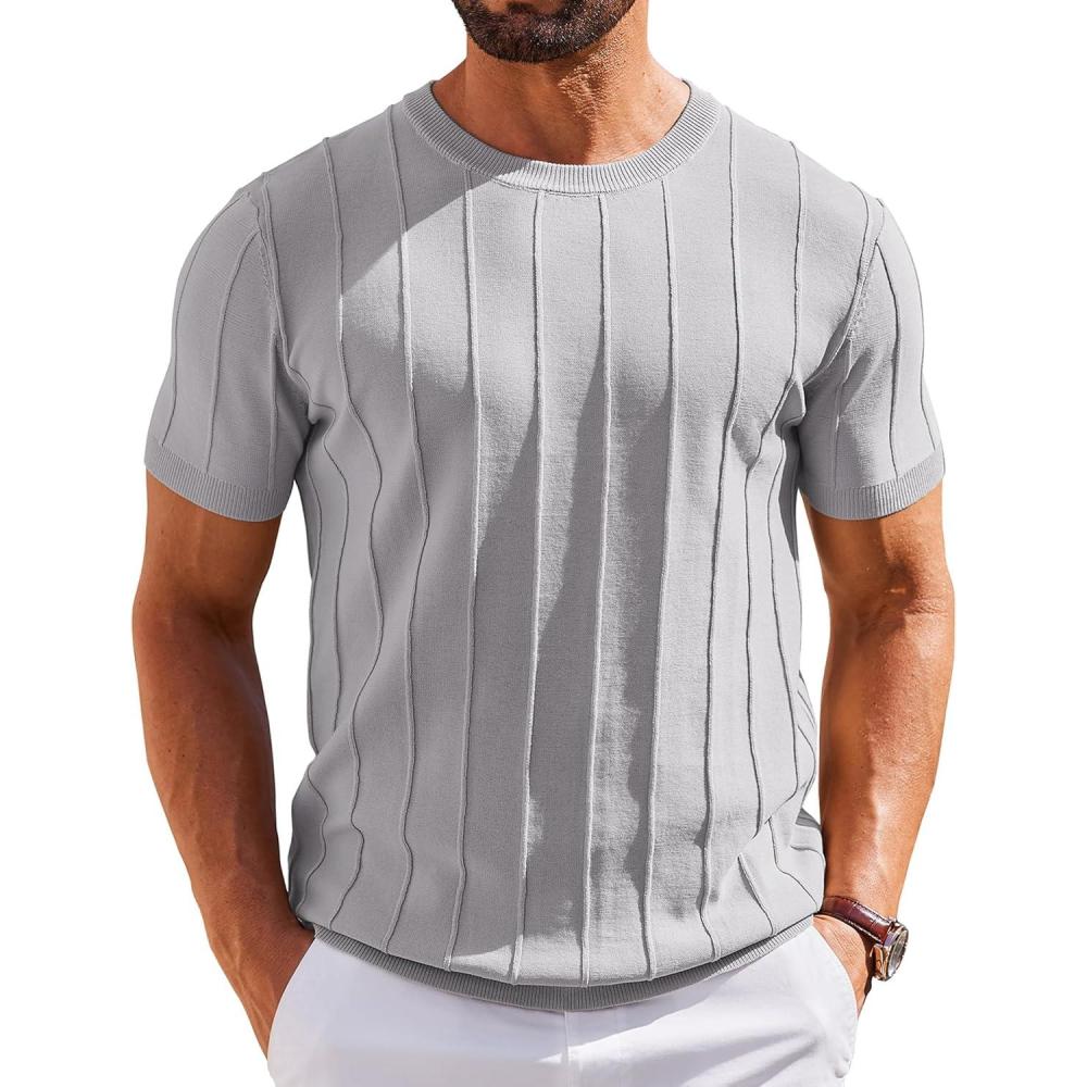 imageCOOFANDY Mens T Shirts Short Sleeve Knit Sweater Shirt Casual Crewneck Ribbed Pullover TeesLight Grey