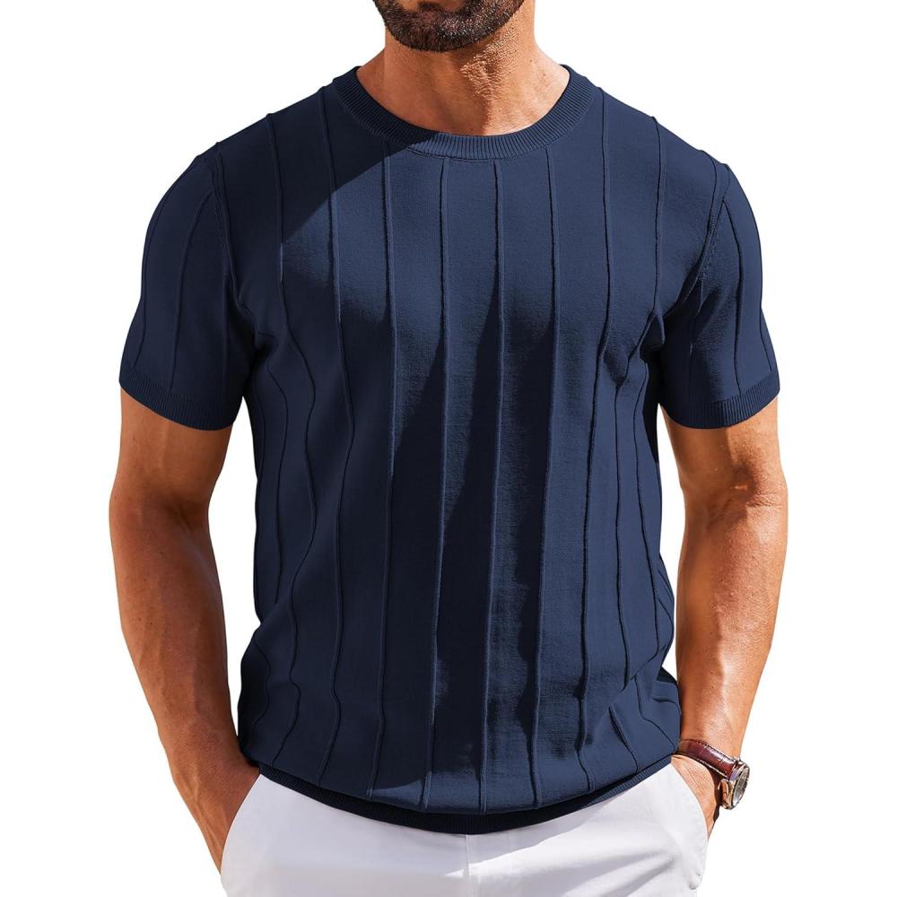 imageCOOFANDY Mens T Shirts Short Sleeve Knit Sweater Shirt Casual Crewneck Ribbed Pullover TeesNavy Blue