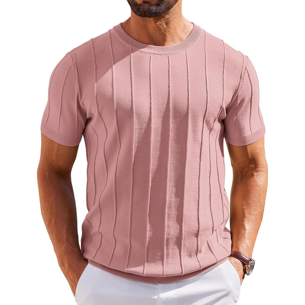 imageCOOFANDY Mens T Shirts Short Sleeve Knit Sweater Shirt Casual Crewneck Ribbed Pullover TeesPink