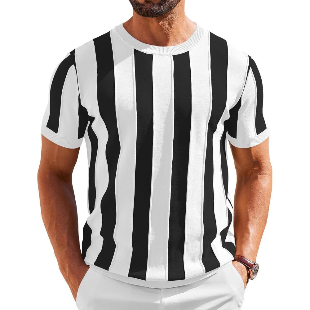 imageCOOFANDY Mens T Shirts Short Sleeve Knit Sweater Shirt Casual Crewneck Ribbed Pullover TeesWhite Black Stripes