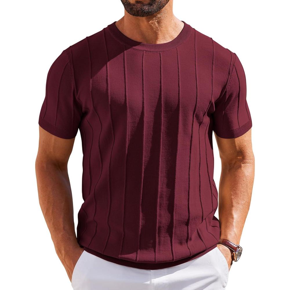imageCOOFANDY Mens T Shirts Short Sleeve Knit Sweater Shirt Casual Crewneck Ribbed Pullover TeesWine Red