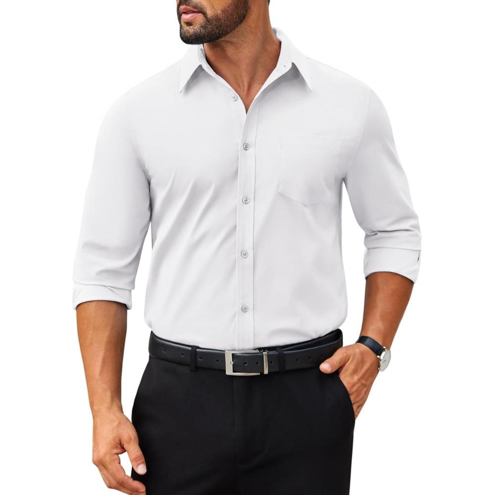 imageCOOFANDY Mens Tech Dress Shirts Long Sleeve Poplin Formal Shirt Casual Button Down ShirtsWhite