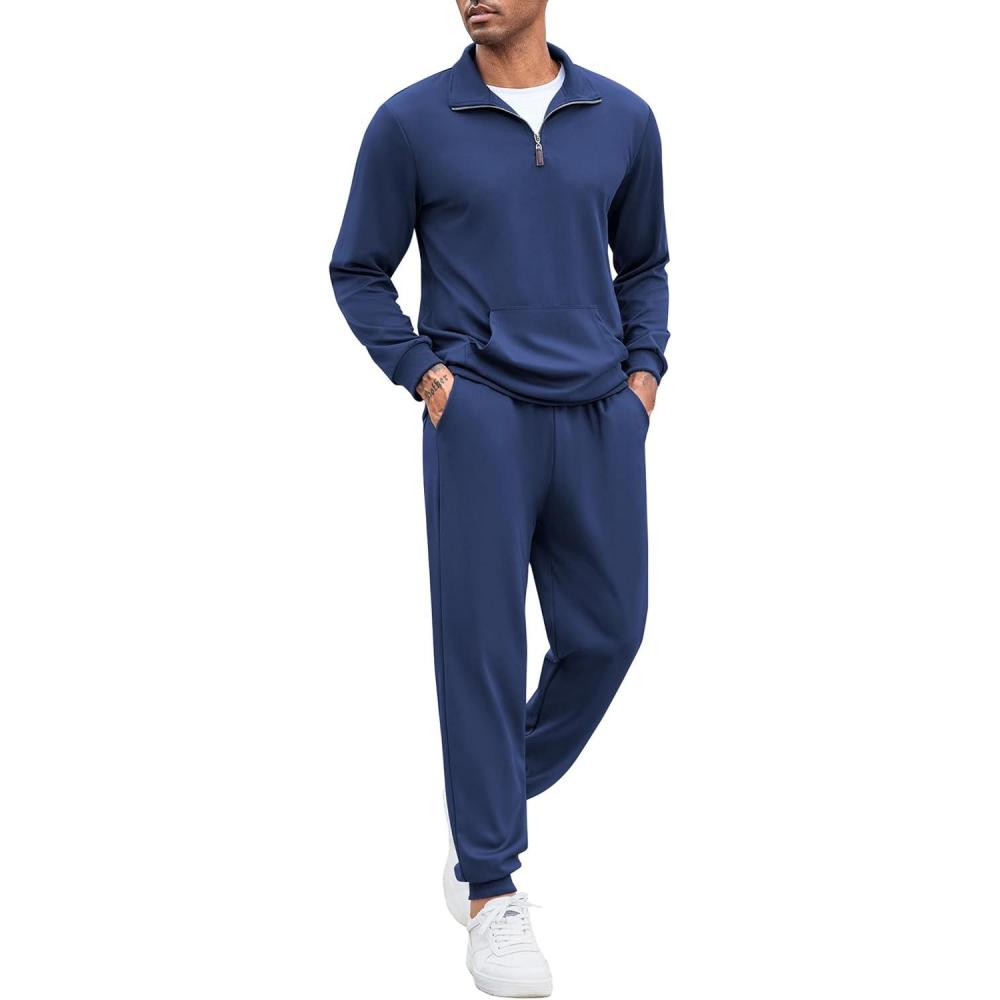 imageCOOFANDY Mens Tracksuit 2 Piece Quarter Zip Sweatsuit Sets Casual Athletic Running Jogging SuitsNavy Blue