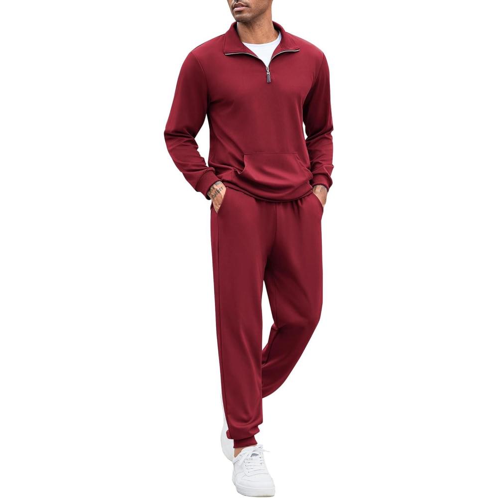 imageCOOFANDY Mens Tracksuit 2 Piece Quarter Zip Sweatsuit Sets Casual Athletic Running Jogging SuitsWine Red
