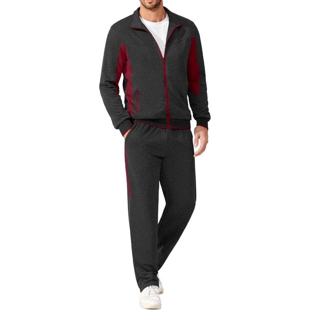 imageCOOFANDY Mens Tracksuits 2 Piece Athletic Track Suit Jogging Casual Sweatsuits Warm Running Zip Up Sports Set OutfitsDark Greywine Red