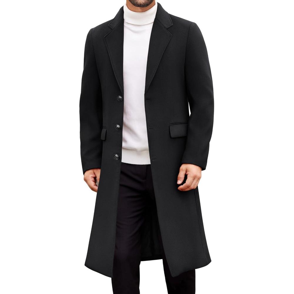 imageCOOFANDY Mens Trench Coat Long Casual Single Brested Overcoat Winter Notched Collar Wool Blend Pea coat With PocketsBlack