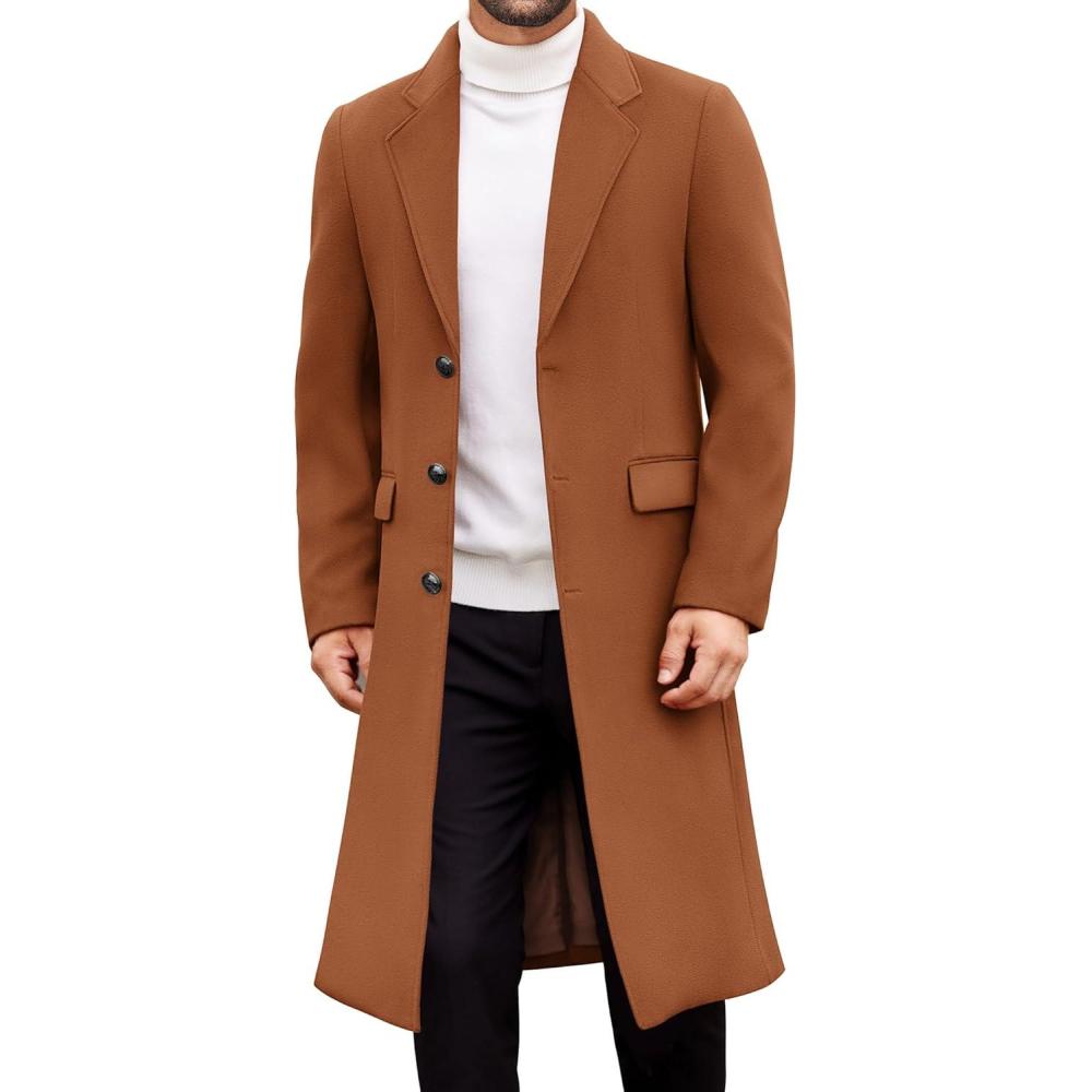 imageCOOFANDY Mens Trench Coat Long Casual Single Brested Overcoat Winter Notched Collar Wool Blend Pea coat With PocketsBrown