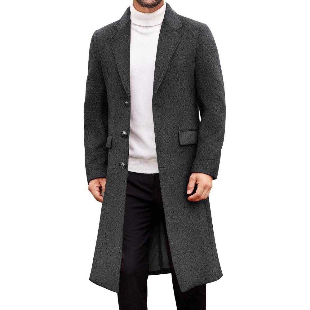 imageCOOFANDY Mens Trench Coat Long Casual Single Brested Overcoat Winter Notched Collar Wool Blend Pea coat With PocketsDark Grey