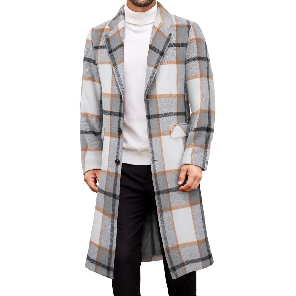 imageCOOFANDY Mens Trench Coat Long Casual Single Brested Overcoat Winter Notched Collar Wool Blend Pea coat With PocketsGrey Plaid