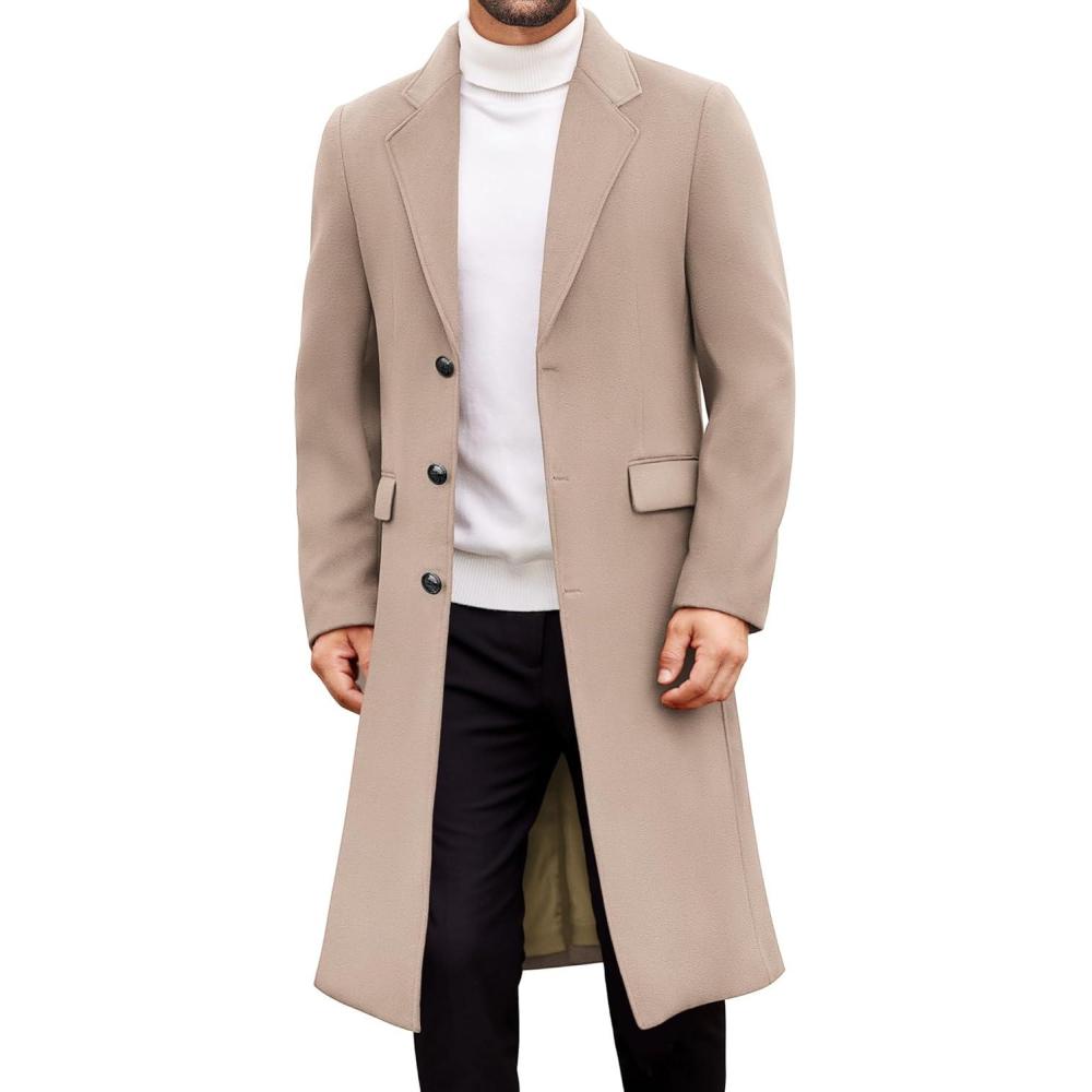 imageCOOFANDY Mens Trench Coat Long Casual Single Brested Overcoat Winter Notched Collar Wool Blend Pea coat With PocketsKhaki