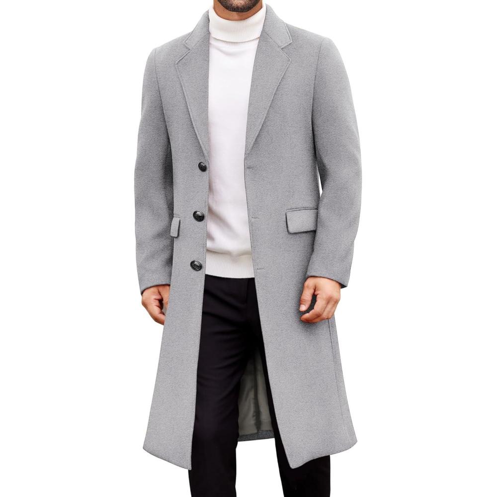 imageCOOFANDY Mens Trench Coat Long Casual Single Brested Overcoat Winter Notched Collar Wool Blend Pea coat With PocketsLight Grey
