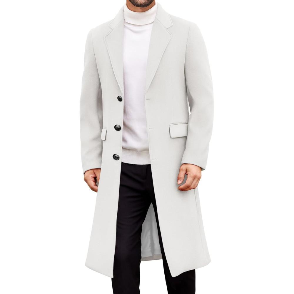 imageCOOFANDY Mens Trench Coat Long Casual Single Brested Overcoat Winter Notched Collar Wool Blend Pea coat With PocketsWhite