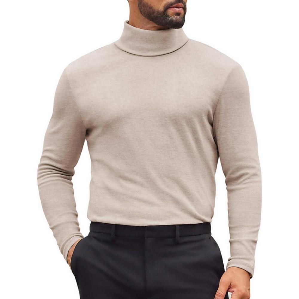 imageCOOFANDY Mens Turtleneck Shirts Slim Fit Shirt Tops Lightweight Pullover Thermal Sweater Casual Long Sleeve ShirtAlmond
