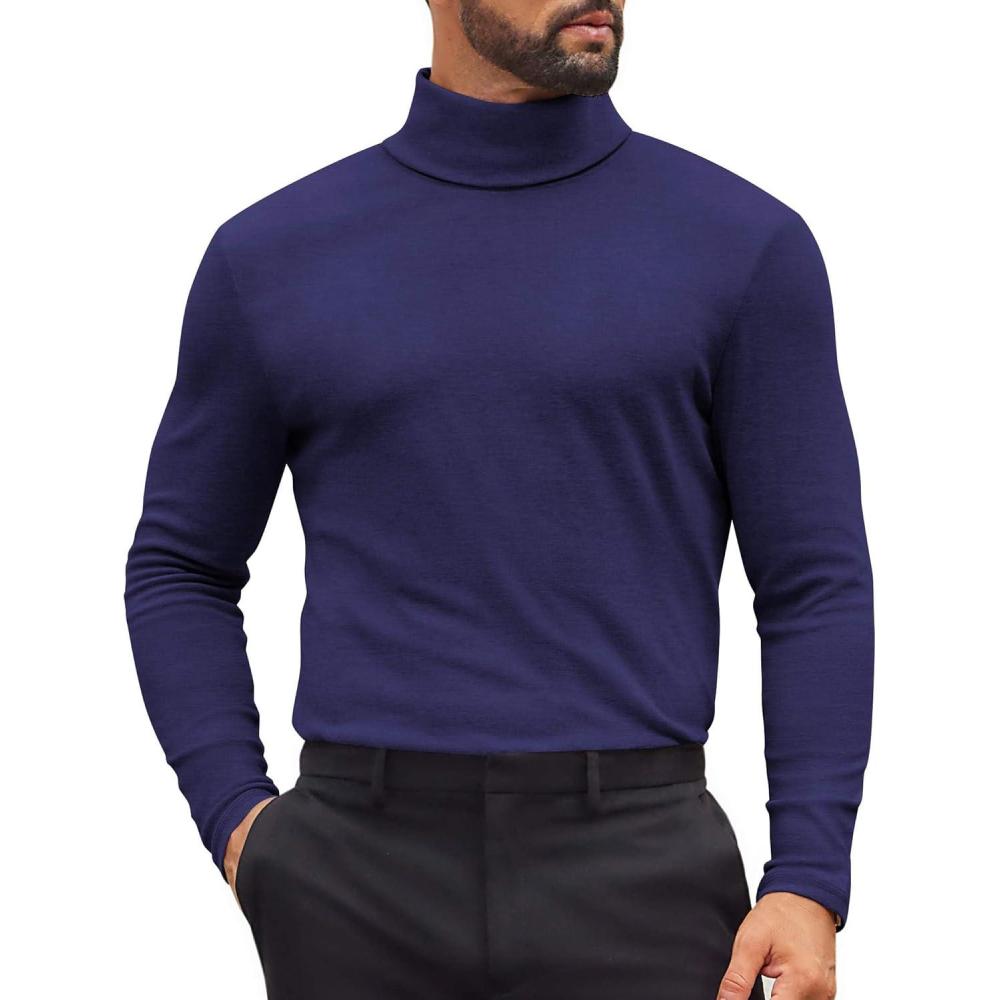 imageCOOFANDY Mens Turtleneck Shirts Slim Fit Shirt Tops Lightweight Pullover Thermal Sweater Casual Long Sleeve ShirtDark Navy