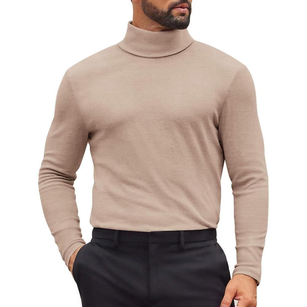 imageCOOFANDY Mens Turtleneck Shirts Slim Fit Shirt Tops Lightweight Pullover Thermal Sweater Casual Long Sleeve ShirtKhaki