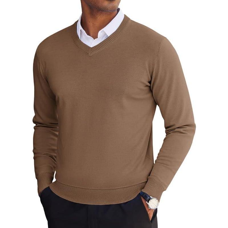 imageCOOFANDY Mens V Neck Sweater Lightweight Knitted Pullover SweatersBrown