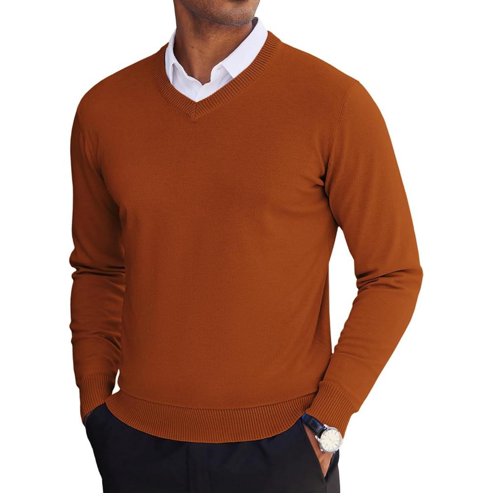 imageCOOFANDY Mens V Neck Sweater Lightweight Knitted Pullover SweatersCaramel
