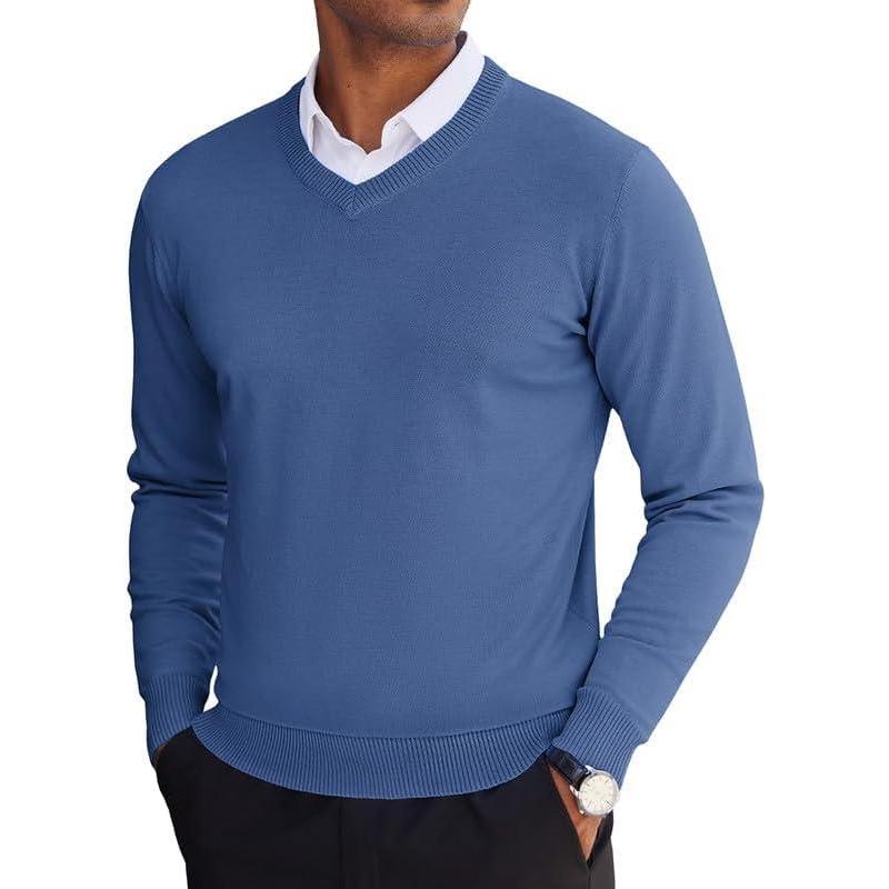 imageCOOFANDY Mens V Neck Sweater Lightweight Knitted Pullover SweatersDenim Blue