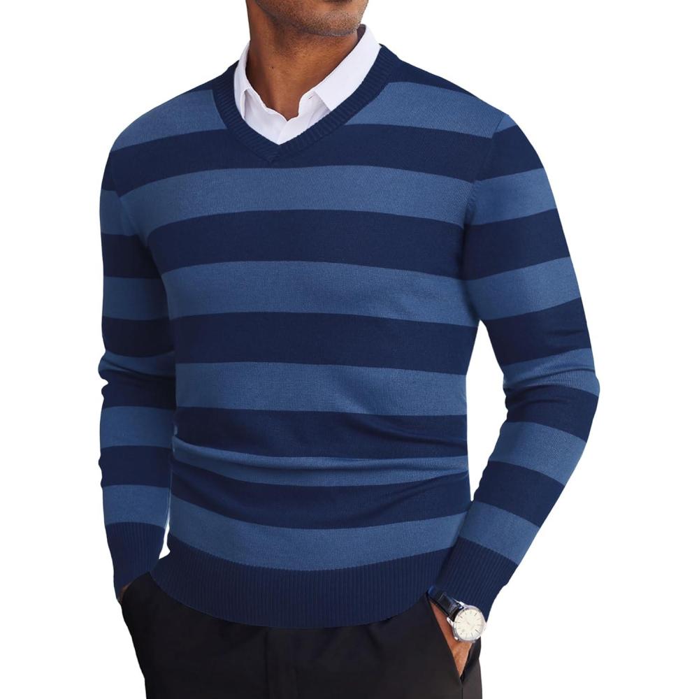 imageCOOFANDY Mens V Neck Sweater Lightweight Knitted Pullover SweatersNavystriped