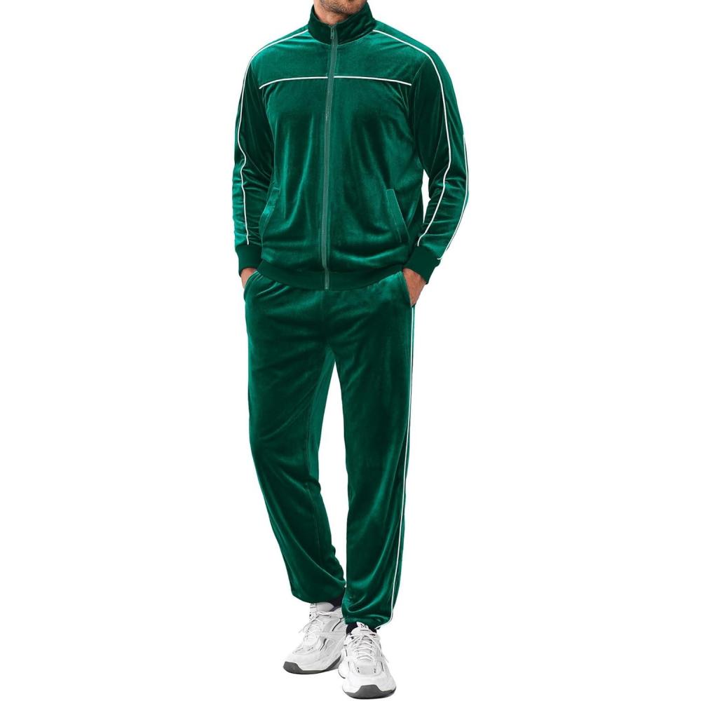 imageCOOFANDY Mens Velour Tracksuits 2 Piece Set Outfits Zip Up Sweatsuits Velvet Jacket Pants SetEvergreen