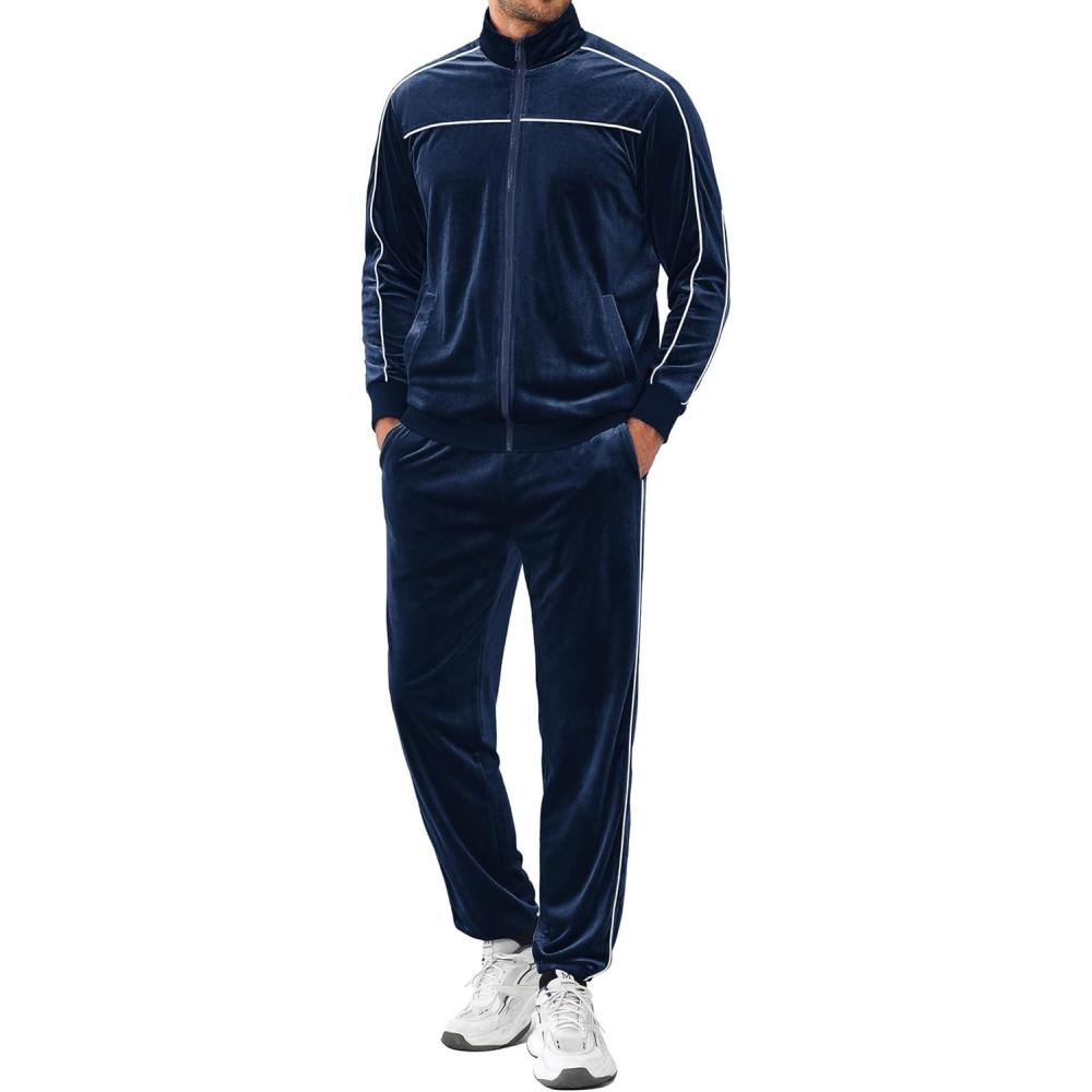 imageCOOFANDY Mens Velour Tracksuits 2 Piece Set Outfits Zip Up Sweatsuits Velvet Jacket Pants SetNavy