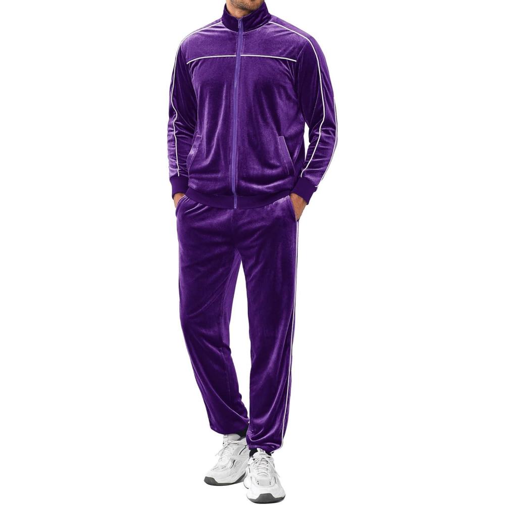 imageCOOFANDY Mens Velour Tracksuits 2 Piece Set Outfits Zip Up Sweatsuits Velvet Jacket Pants SetPurple