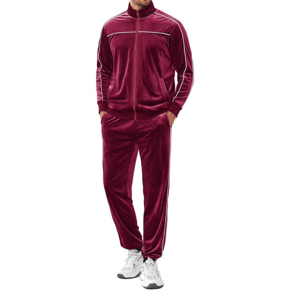 imageCOOFANDY Mens Velour Tracksuits 2 Piece Set Outfits Zip Up Sweatsuits Velvet Jacket Pants SetWine Red
