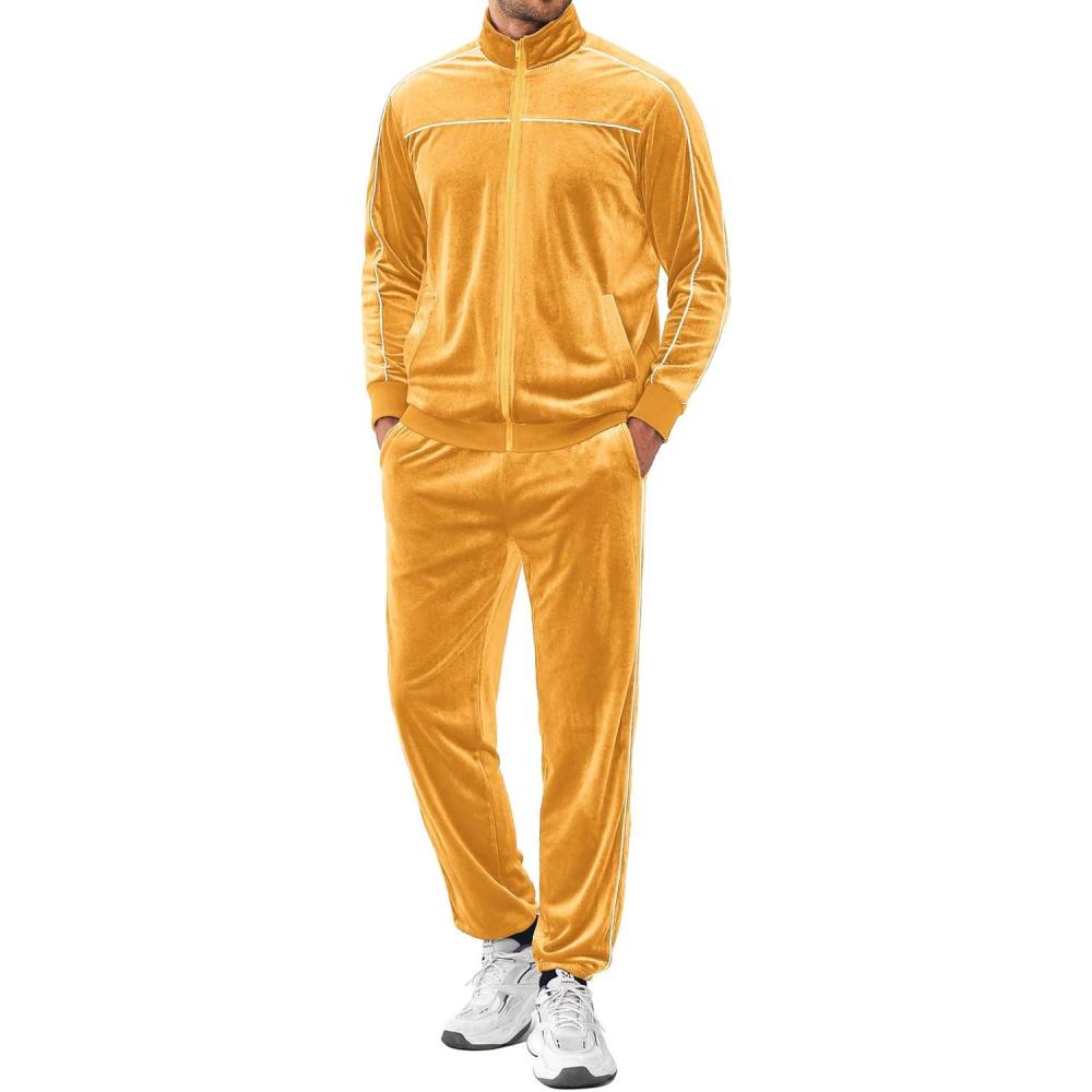 imageCOOFANDY Mens Velour Tracksuits 2 Piece Set Outfits Zip Up Sweatsuits Velvet Jacket Pants SetYellow