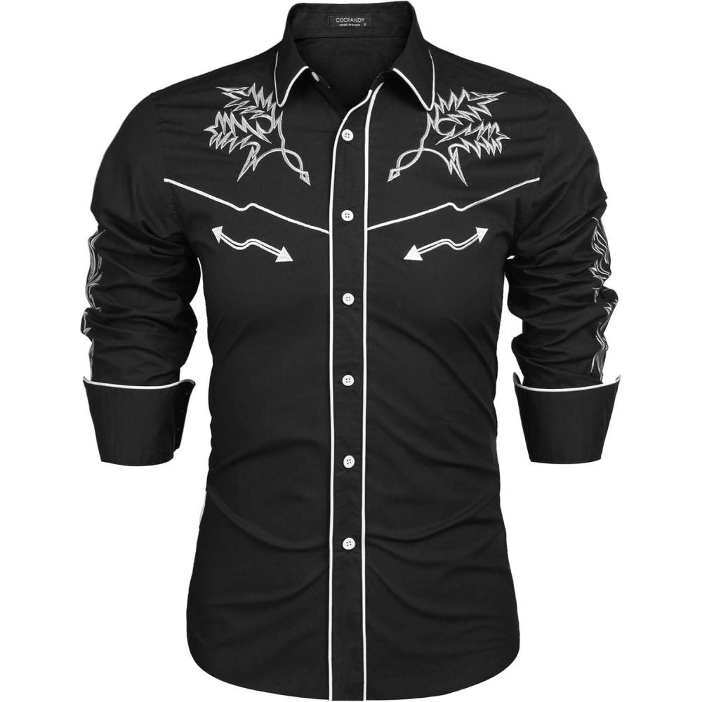 imageCOOFANDY Mens Western Cowboy Shirt Long Sleeve Embroidered Shirt Slim Fit Cotton Casual Button Down Shirt01black