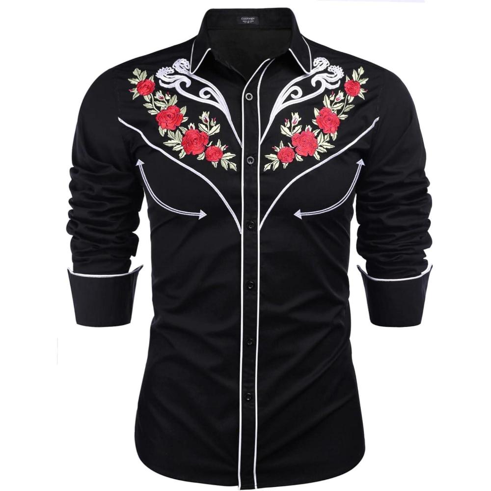 imageCOOFANDY Mens Western Cowboy Shirt Long Sleeve Embroidered Shirt Slim Fit Cotton Casual Button Down ShirtBlack Retro Rose