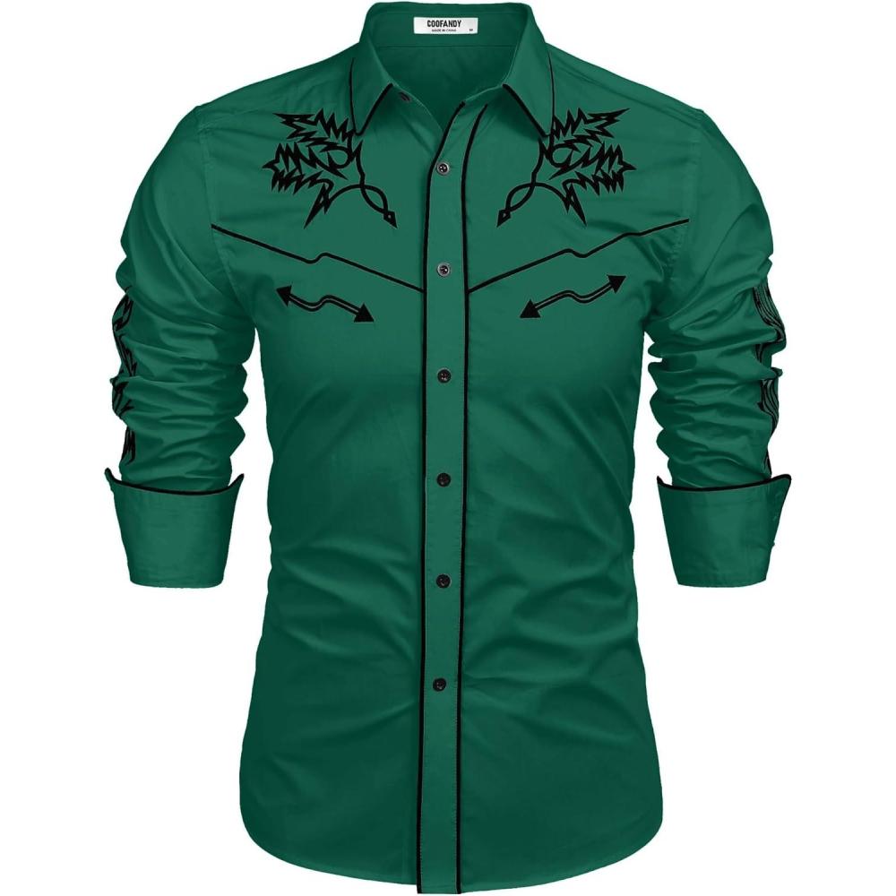 imageCOOFANDY Mens Western Cowboy Shirt Long Sleeve Embroidered Shirt Slim Fit Cotton Casual Button Down ShirtGreen