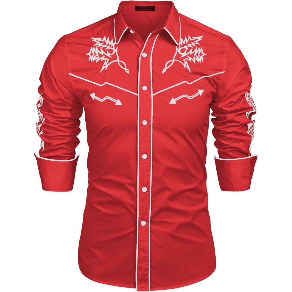 imageCOOFANDY Mens Western Cowboy Shirt Long Sleeve Embroidered Shirt Slim Fit Cotton Casual Button Down ShirtRed White