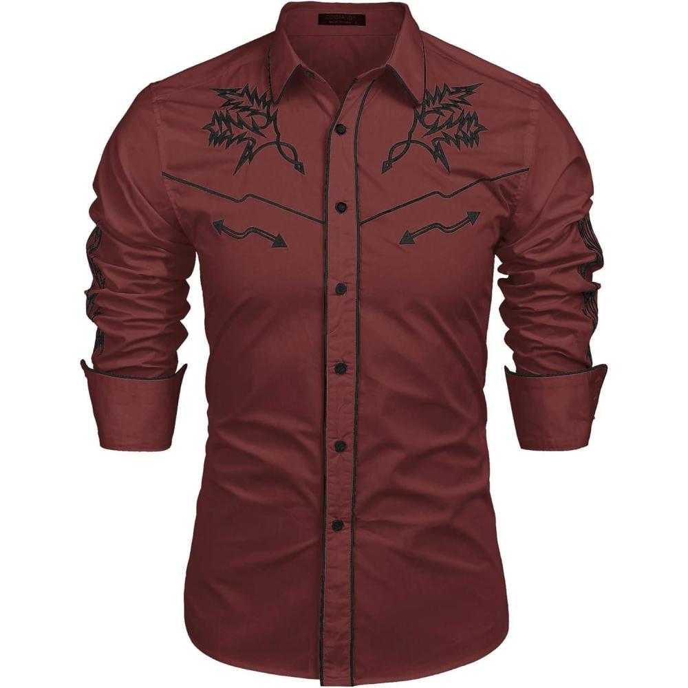 imageCOOFANDY Mens Western Cowboy Shirt Long Sleeve Embroidered Shirt Slim Fit Cotton Casual Button Down ShirtWine Red