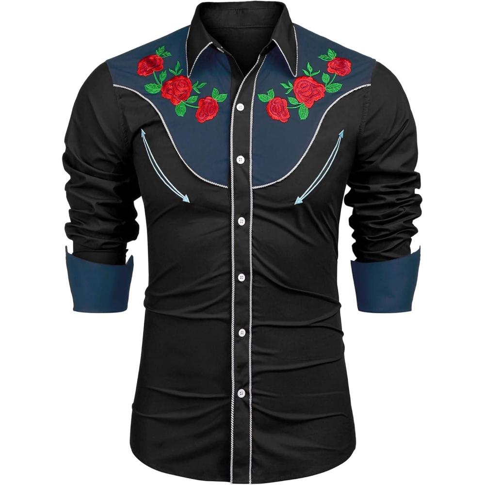 imageCOOFANDY Mens Western Cowboy Shirt Long Sleeve Slim Fit Rose Embroidered Cotton Casual Button Down ShirtsBlack Retro Rose