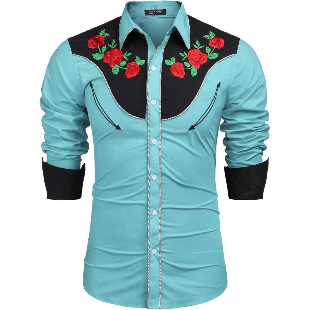 imageCOOFANDY Mens Western Cowboy Shirt Long Sleeve Slim Fit Rose Embroidered Cotton Casual Button Down ShirtsBlue Retro Rose