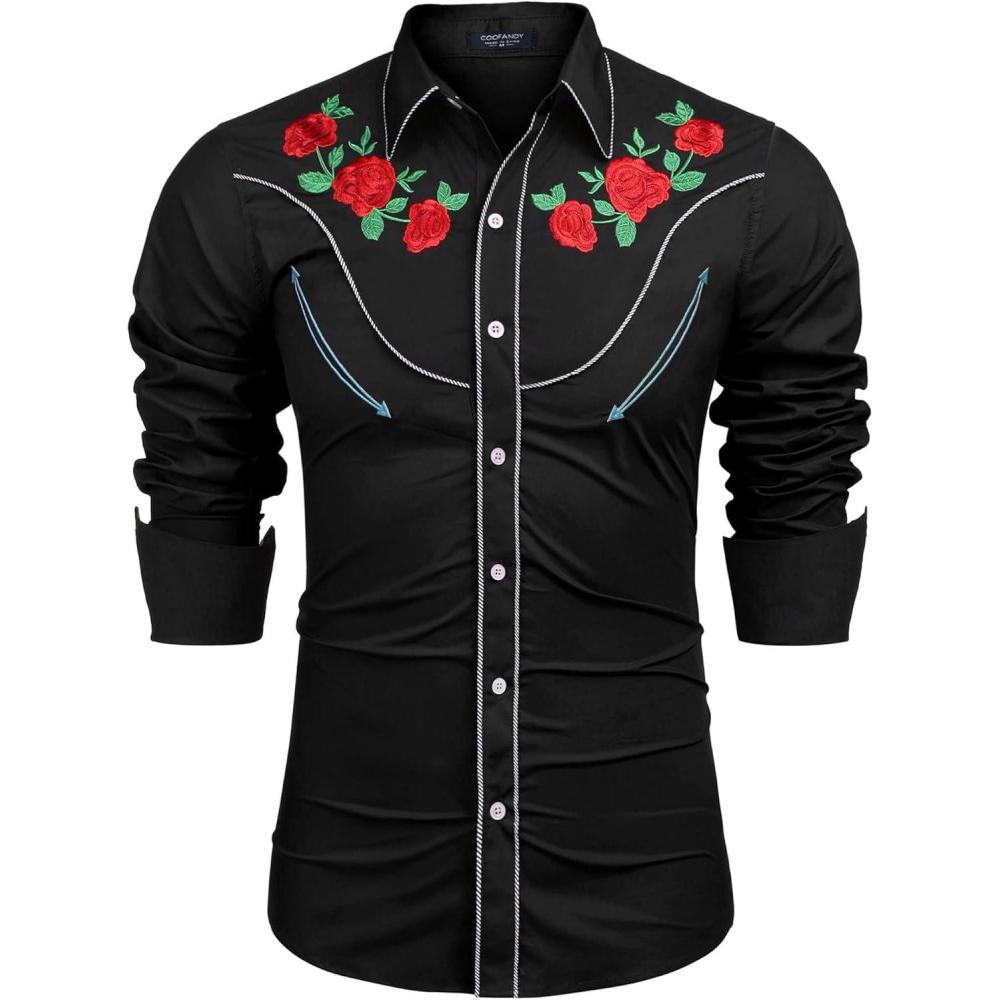 imageCOOFANDY Mens Western Cowboy Shirt Long Sleeve Slim Fit Rose Embroidered Cotton Casual Button Down ShirtsPure Black Retro Rose