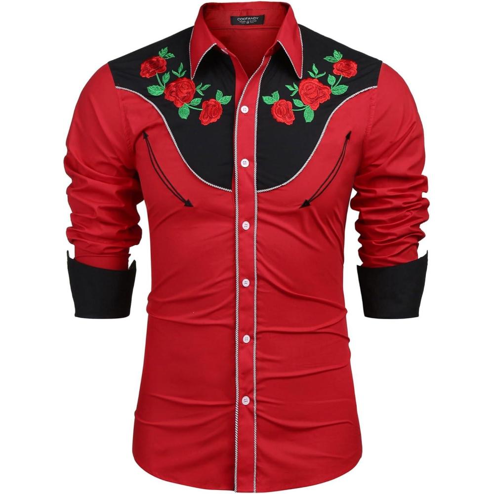 imageCOOFANDY Mens Western Cowboy Shirt Long Sleeve Slim Fit Rose Embroidered Cotton Casual Button Down ShirtsRed Retro Rose