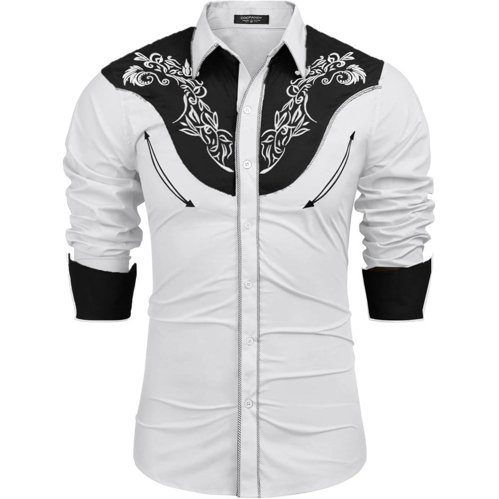 imageCOOFANDY Mens Western Cowboy Shirt Long Sleeve Slim Fit Rose Embroidered Cotton Casual Button Down ShirtsWhite