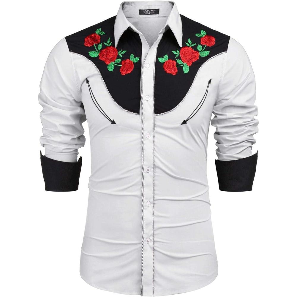 imageCOOFANDY Mens Western Cowboy Shirt Long Sleeve Slim Fit Rose Embroidered Cotton Casual Button Down ShirtsWhite Retro Rose