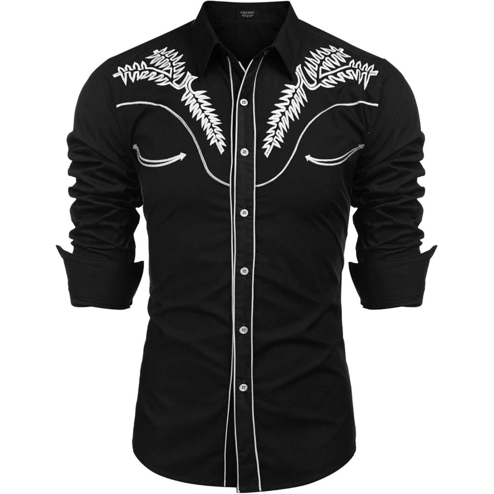 imageCOOFANDY Mens Western Shirts Long Sleeve Embroideres Cowboy Shirts Casual Button Down ShirtBlack Whitepattern1