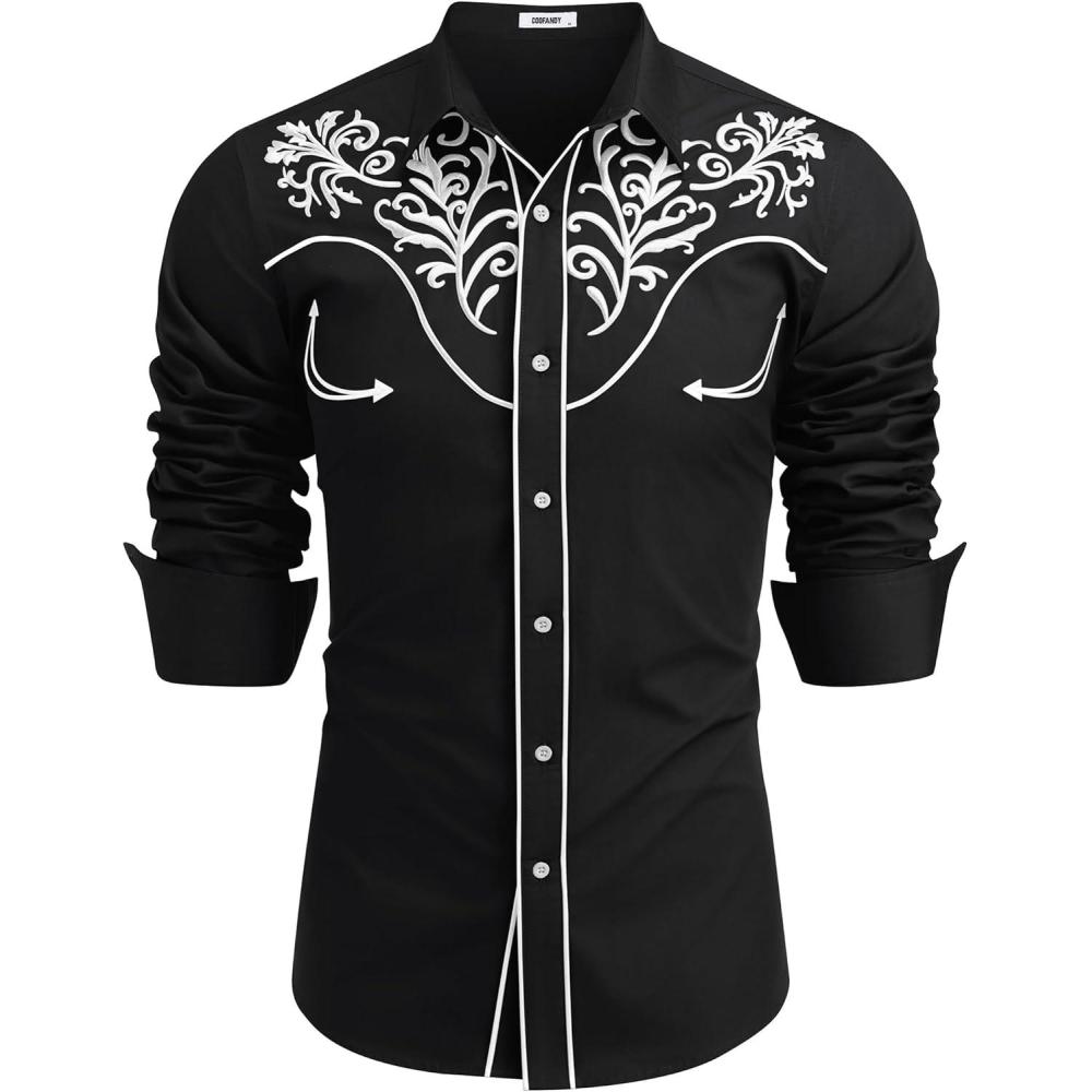 imageCOOFANDY Mens Western Shirts Long Sleeve Embroideres Cowboy Shirts Casual Button Down ShirtBlack Pattern 4