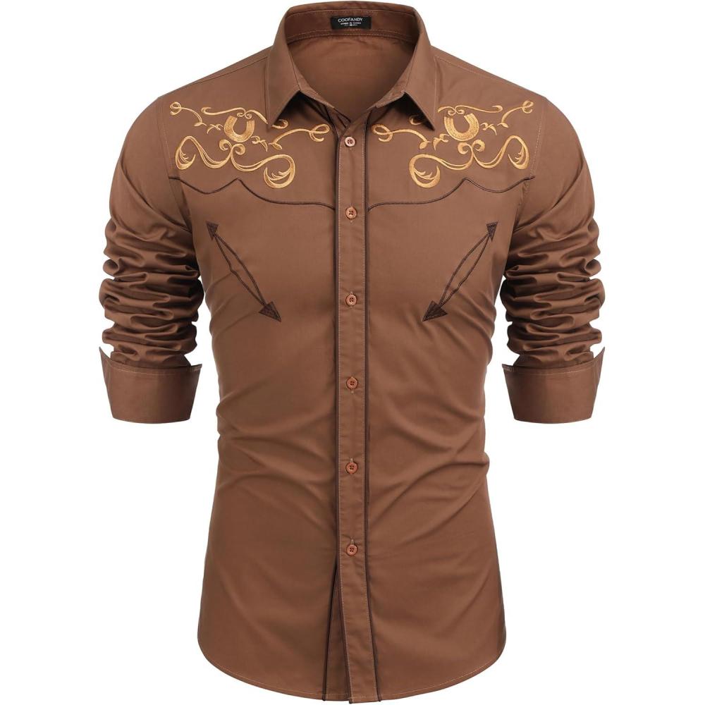 imageCOOFANDY Mens Western Shirts Long Sleeve Embroideres Cowboy Shirts Casual Button Down ShirtBrown Pattern3