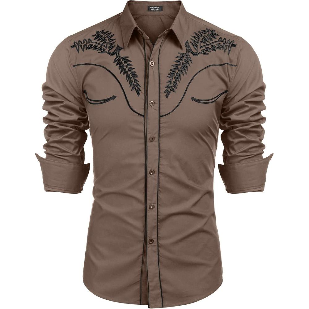 imageCOOFANDY Mens Western Shirts Long Sleeve Embroideres Cowboy Shirts Casual Button Down ShirtKhaki Pattern1
