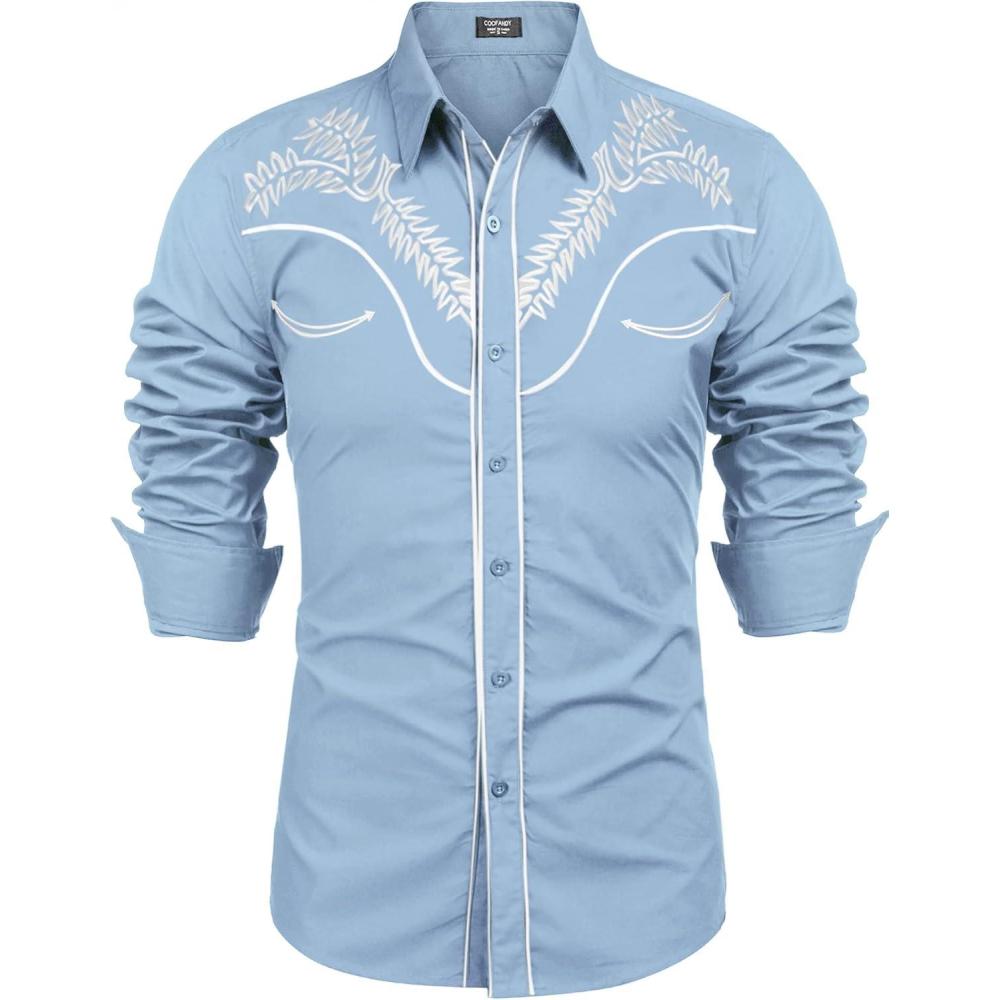 imageCOOFANDY Mens Western Shirts Long Sleeve Embroideres Cowboy Shirts Casual Button Down ShirtLight Blue