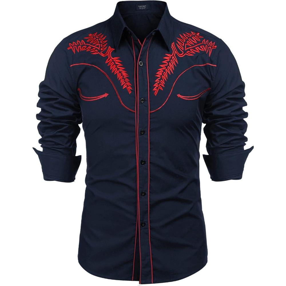 imageCOOFANDY Mens Western Shirts Long Sleeve Embroideres Cowboy Shirts Casual Button Down ShirtNavy Bluepattern1