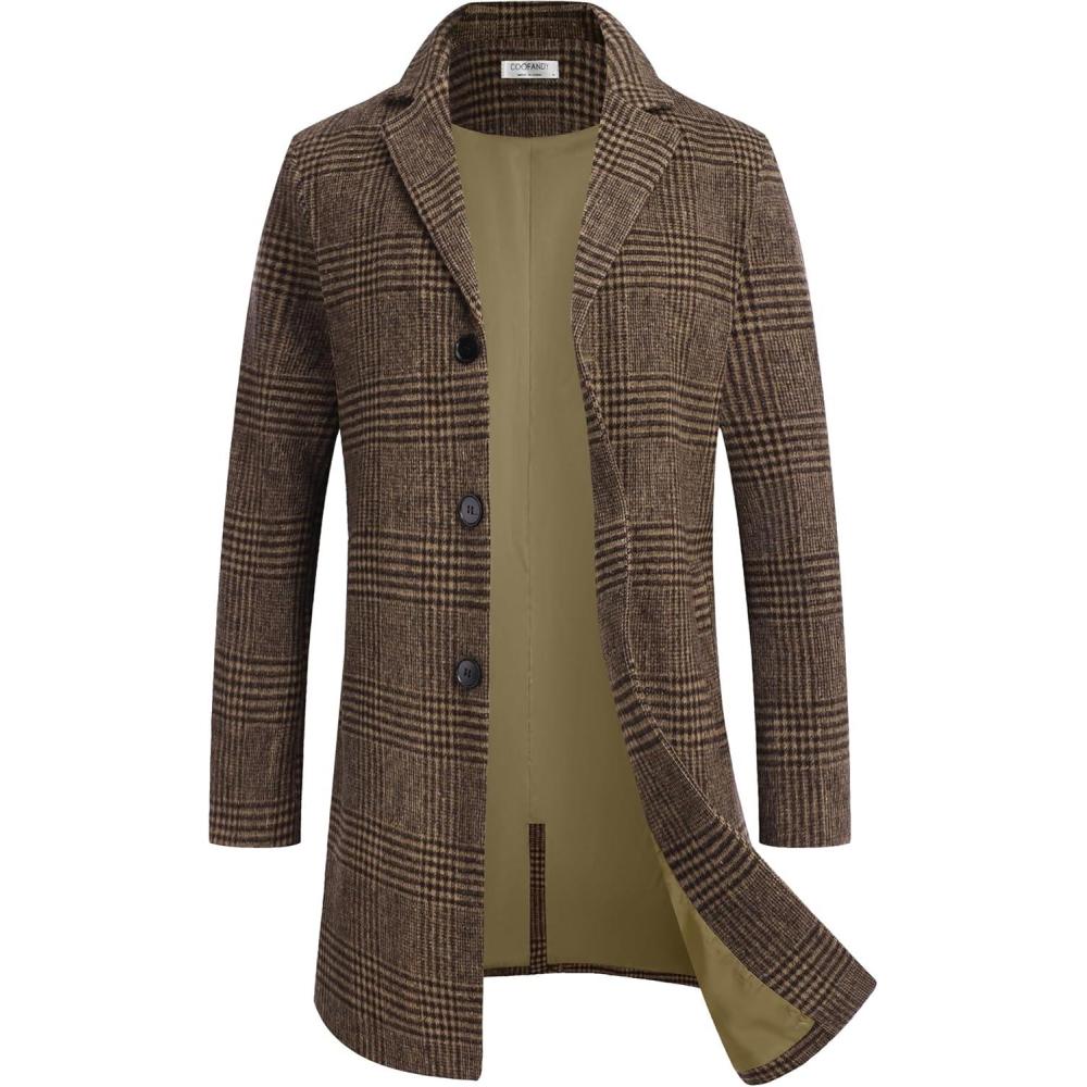 imageCOOFANDY Mens Wool Blend Coat Winter Trench Coats Notched Lapel Collar Single Breasted Overcoat Classic Peacoat With PocketsBrown Plaid