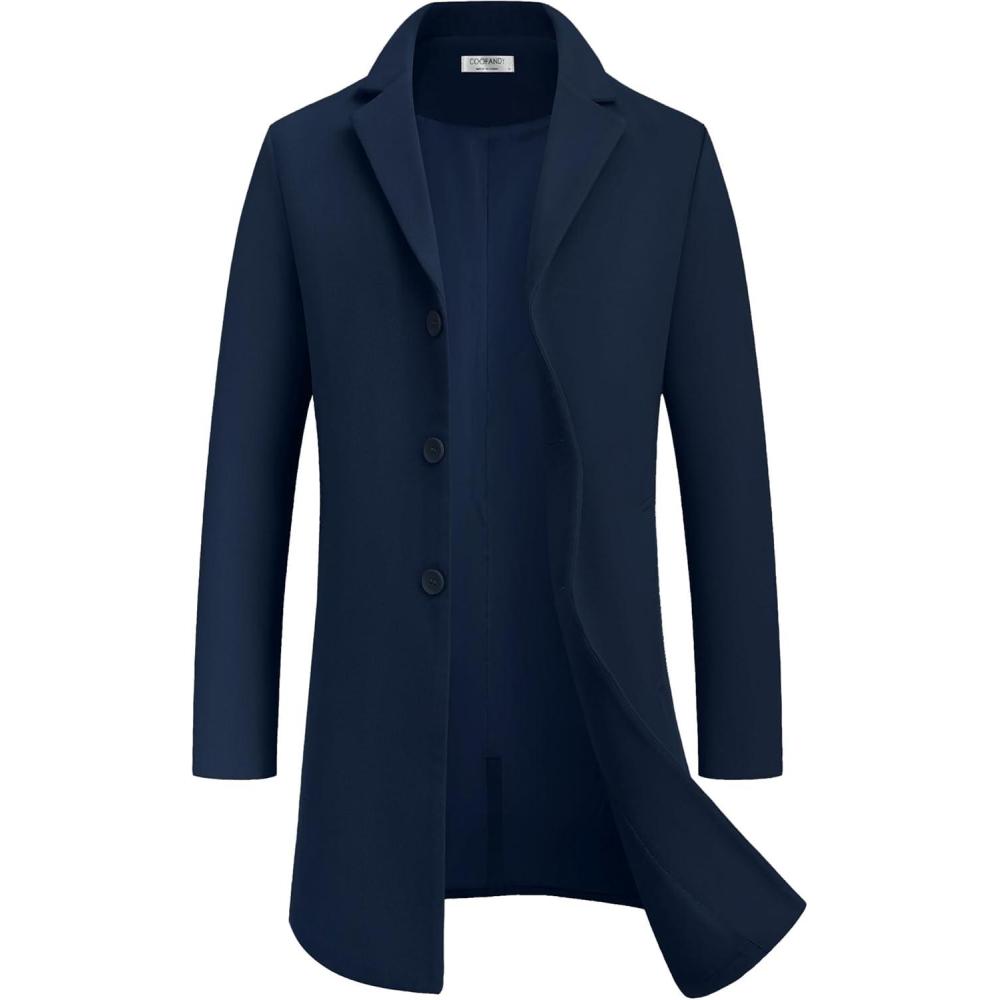 imageCOOFANDY Mens Wool Blend Coat Winter Trench Coats Notched Lapel Collar Single Breasted Overcoat Classic Peacoat With PocketsNavy