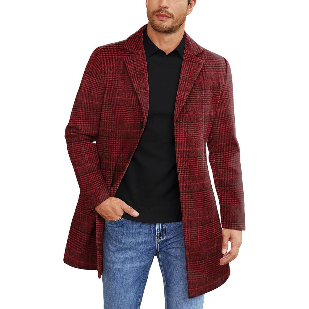imageCOOFANDY Mens Wool Blend Coat Winter Trench Coats Notched Lapel Collar Single Breasted Overcoat Classic Peacoat With PocketsRed Plaid