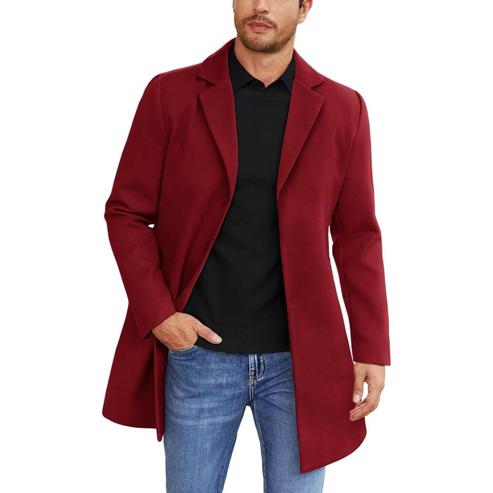 imageCOOFANDY Mens Wool Blend Coat Winter Trench Coats Notched Lapel Collar Single Breasted Overcoat Classic Peacoat With PocketsWine Red